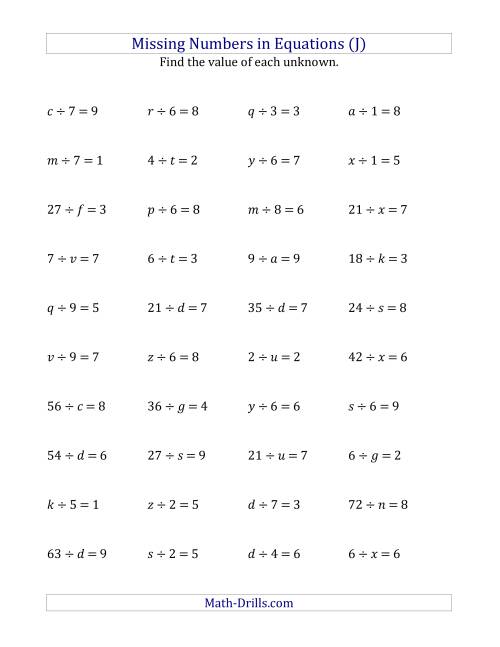 The Missing Numbers in Equations (Variables) -- Division (Range 1 to 9) (J) Math Worksheet