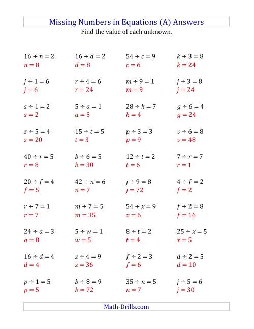 The Missing Numbers in Equations (Variables) -- Division (Range 1 to 9) (All) Math Worksheet Page 2