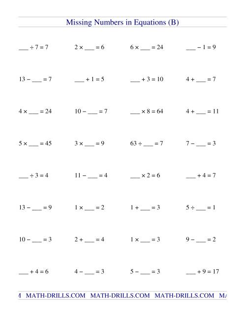 Missing Numbers in Equations (blanks) -- All Operations (B)