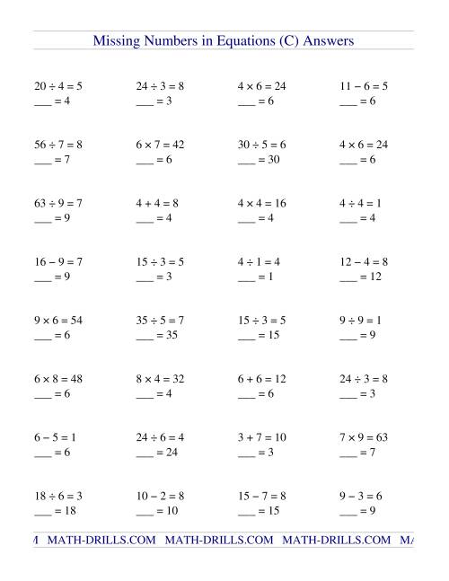 Missing Numbers in Equations (blanks) -- All Operations (C)