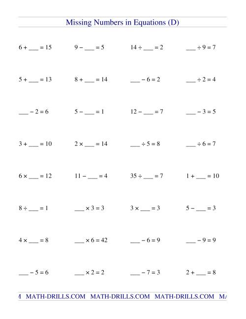 Missing Numbers in Equations (blanks) -- All Operations (D)