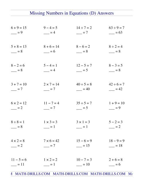 Missing Numbers in Equations (blanks) -- All Operations (D)