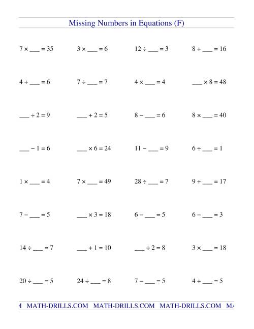 Missing Numbers in Equations (blanks) -- All Operations (F)