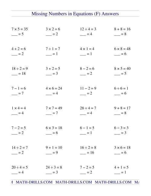 Missing Numbers in Equations (blanks) -- All Operations (F)