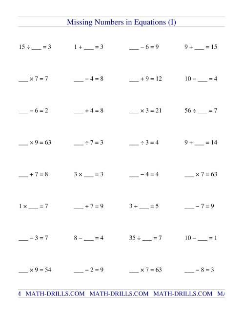 Missing Numbers in Equations (blanks) -- All Operations (I)