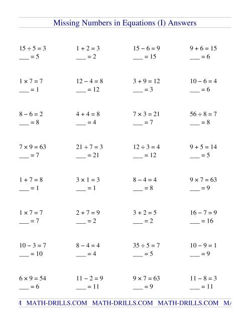 Missing Numbers in Equations (blanks) -- All Operations (I)