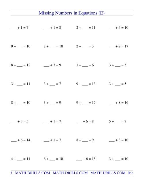 Missing Numbers in Equations (blanks) -- Addition (E)