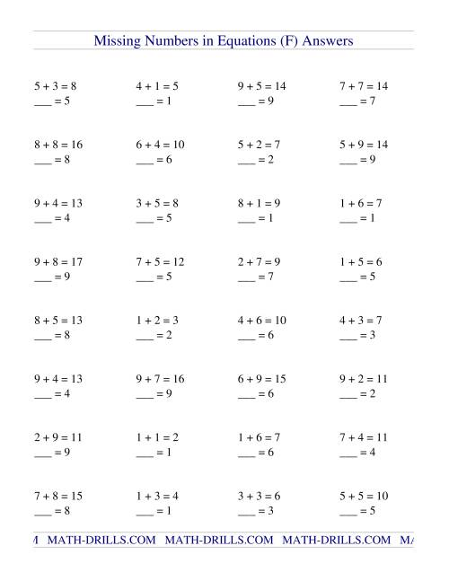 Missing Numbers in Equations (blanks) -- Addition (F)