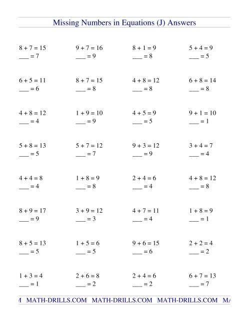 Missing Numbers in Equations (blanks) -- Addition (J)