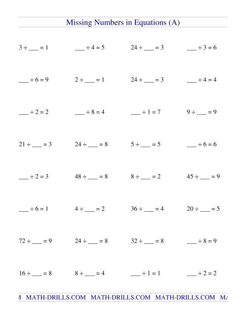 missing numbers in equations blanks division a