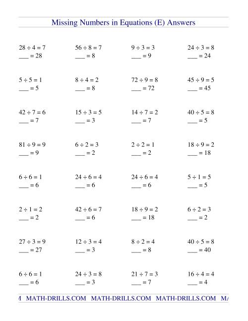 Missing Numbers in Equations (blanks) -- Division (E)