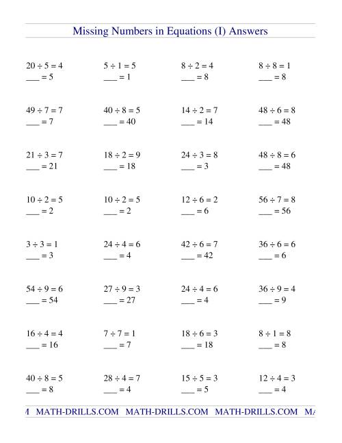 Missing Numbers in Equations (blanks) -- Division (I)