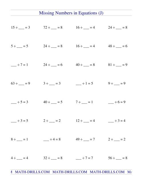 missing numbers in equations blanks division j