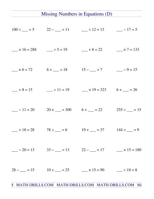 Missing Numbers in Equations (blanks) -- All Operations -- Greater