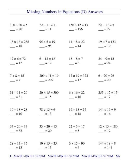 Missing Numbers in Equations (blanks) -- All Operations -- Greater