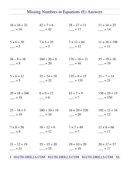 Missing Numbers in Equations (blanks) -- All Operations -- Greater ...