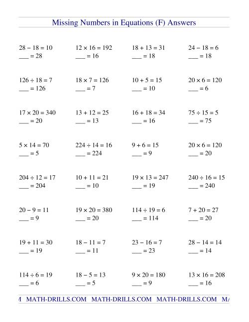 Missing Numbers in Equations (blanks) -- All Operations -- Greater ...