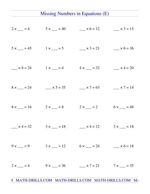 Missing Numbers in Equations (blanks) -- Multiplication (E)