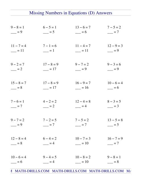 Missing Numbers in Equations (blanks) -- Subtraction (D)