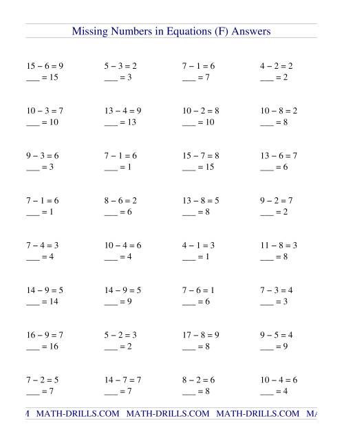 Missing Numbers in Equations (blanks) -- Subtraction (F)