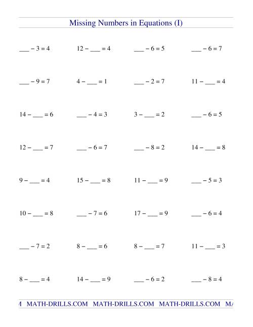 Missing Numbers in Equations (blanks) -- Subtraction (I)