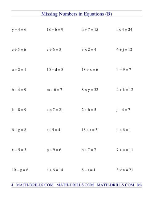 Missing Numbers in Equations (variables) -- All Operations (B)