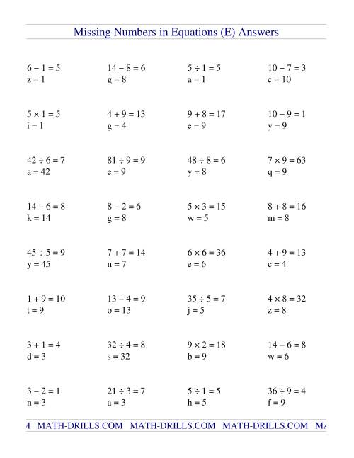 Missing Numbers in Equations (variables) -- All Operations (E)