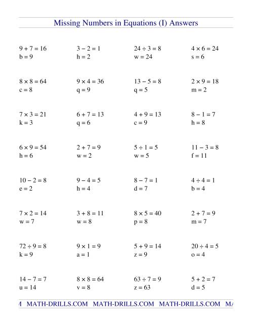 Missing Numbers in Equations (variables) -- All Operations (I)