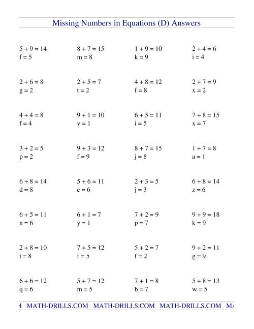 Missing Numbers in Equations (variables) -- Addition (D)