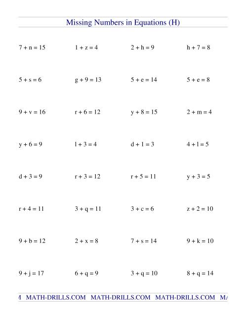 Missing Numbers in Equations (variables) -- Addition (H)