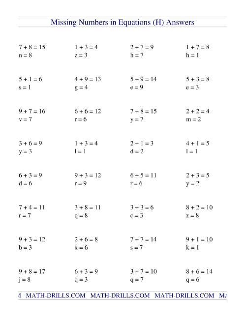 Missing Numbers in Equations (variables) -- Addition (H)