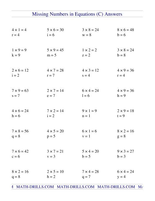 Multiplication Equations With Variables Worksheets