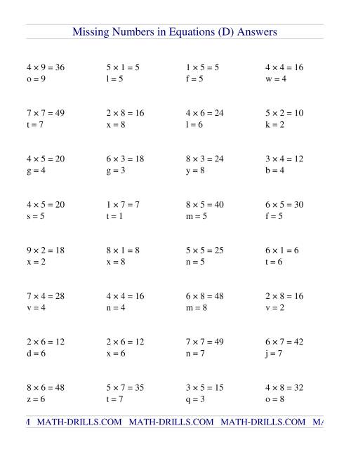 Missing Numbers in Equations (variables) -- Multiplication (D)