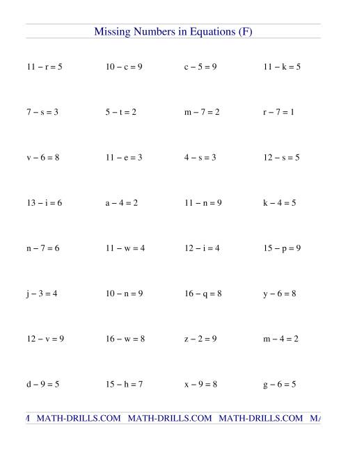 Missing Numbers in Equations (variables) -- Subtraction (F)