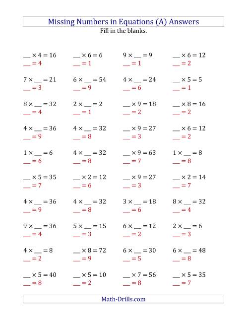 The Missing Numbers in Equations (Blanks) -- Multiplication (Range 1 to 9) (All) Math Worksheet Page 2