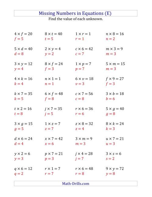 The Missing Numbers in Equations (Variables) -- Multiplication (Range 1 to 9) (E) Math Worksheet Page 2