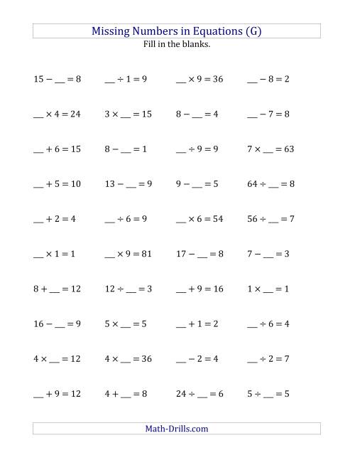 Missing Numbers In Equations Blanks All Operations Range 1 To 9 G 