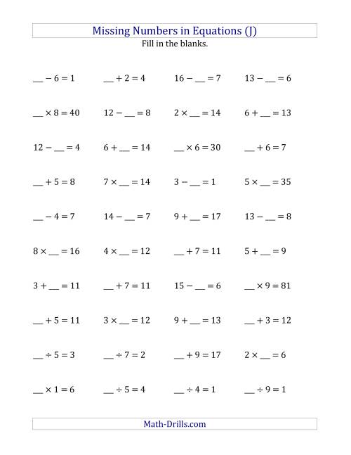 The Missing Numbers in Equations (Blanks) -- All Operations (Range 1 to 9) (J) Math Worksheet