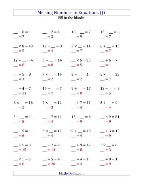 The Missing Numbers in Equations (Blanks) -- All Operations (Range 1 to 9) (J) Math Worksheet Page 2