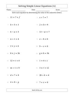 Solving Simple Linear Equations with Letters as Unknowns (All Operations; Range 1 to 9; Unknowns Never in Answer Position)