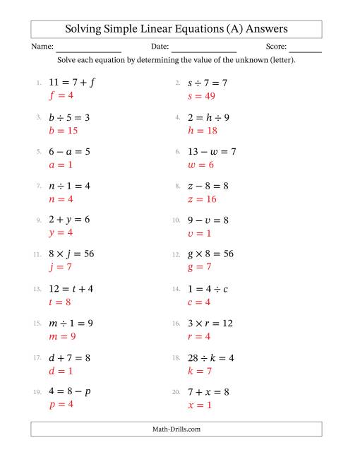 The Solving Simple Linear Equations with Letters as Unknowns (All Operations; Range 1 to 9; Unknowns Never in Answer Position) (A) Math Worksheet Page 2