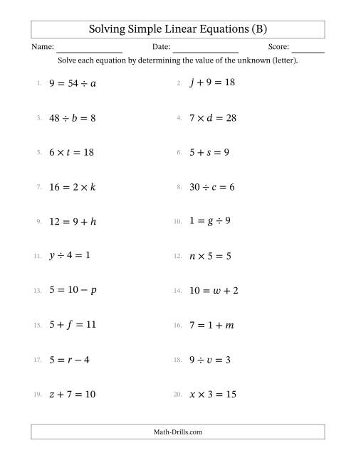 The Solving Simple Linear Equations with Letters as Unknowns (All Operations; Range 1 to 9; Unknowns Never in Answer Position) (B) Math Worksheet