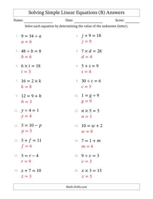 The Solving Simple Linear Equations with Letters as Unknowns (All Operations; Range 1 to 9; Unknowns Never in Answer Position) (B) Math Worksheet Page 2