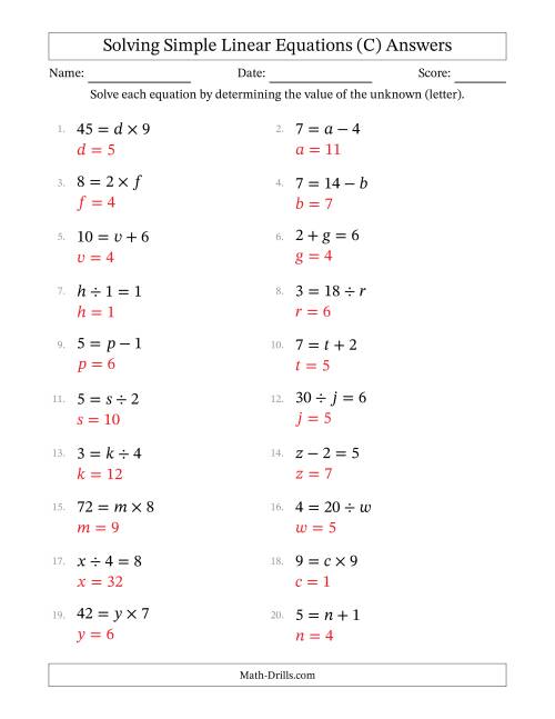 The Solving Simple Linear Equations with Letters as Unknowns (All Operations; Range 1 to 9; Unknowns Never in Answer Position) (C) Math Worksheet Page 2