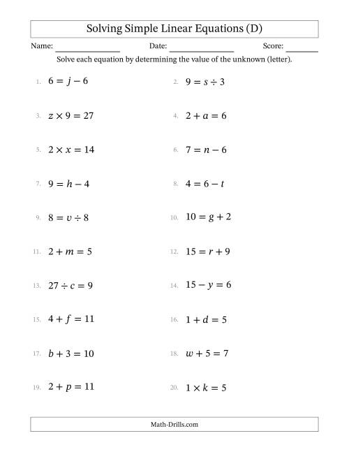 The Solving Simple Linear Equations with Letters as Unknowns (All Operations; Range 1 to 9; Unknowns Never in Answer Position) (D) Math Worksheet