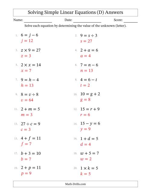 The Solving Simple Linear Equations with Letters as Unknowns (All Operations; Range 1 to 9; Unknowns Never in Answer Position) (D) Math Worksheet Page 2