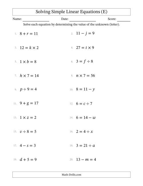 The Solving Simple Linear Equations with Letters as Unknowns (All Operations; Range 1 to 9; Unknowns Never in Answer Position) (E) Math Worksheet