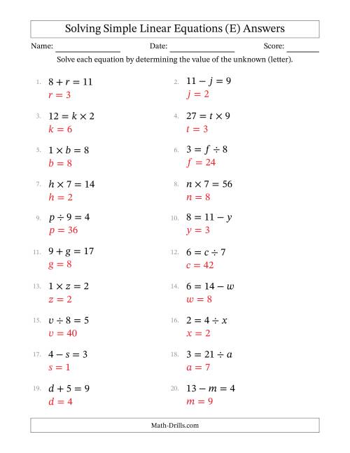 The Solving Simple Linear Equations with Letters as Unknowns (All Operations; Range 1 to 9; Unknowns Never in Answer Position) (E) Math Worksheet Page 2