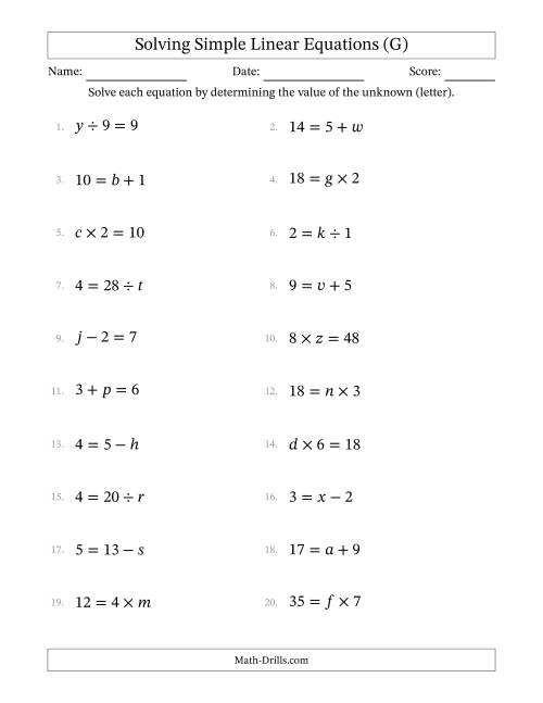 The Solving Simple Linear Equations with Letters as Unknowns (All Operations; Range 1 to 9; Unknowns Never in Answer Position) (G) Math Worksheet