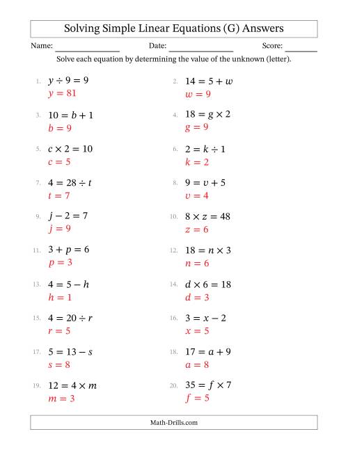 The Solving Simple Linear Equations with Letters as Unknowns (All Operations; Range 1 to 9; Unknowns Never in Answer Position) (G) Math Worksheet Page 2